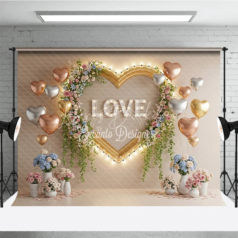 Lofaris Valentine’s Day Photography Backdrop Gold Heart Frame Marquee Light Background Floral Love Photo Prop