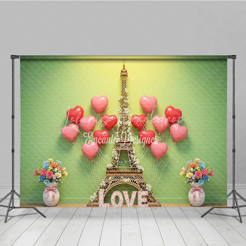 Lofaris Valentine’s Day Photography Backdrop Green Wall Eiffel Tower Heart Background Spring Love Photo Prop