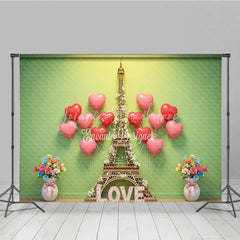 Lofaris Valentine’s Day Photography Backdrop Green Wall Eiffel Tower Heart Background Spring Love Photo Prop