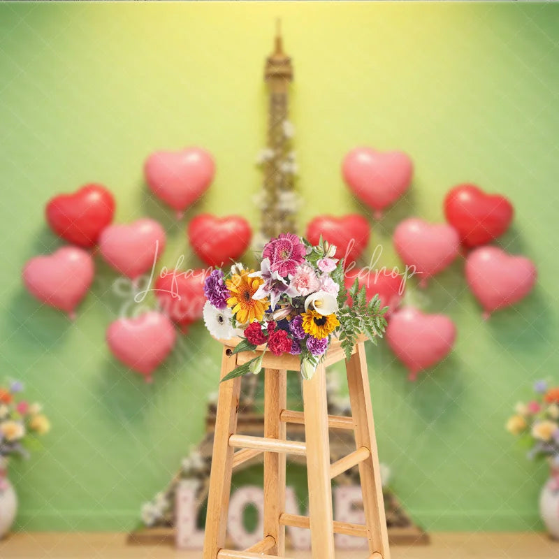 Lofaris Valentine’s Day Photography Backdrop Green Wall Eiffel Tower Heart Background Spring Love Photo Prop