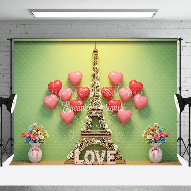 Lofaris Valentine’s Day Photography Backdrop Green Wall Eiffel Tower Heart Background Spring Love Photo Prop