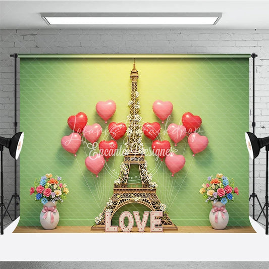 Lofaris Valentine’s Day Photography Backdrop Green Wall Eiffel Tower Heart Background Spring Love Photo Prop