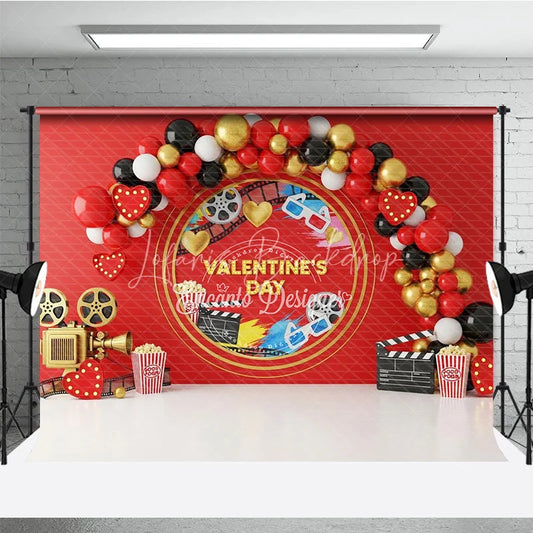 Lofaris Valentine’s Day Photography Backdrop Movie Night Cinema Popcorn Background Red Film Reel Photo Prop