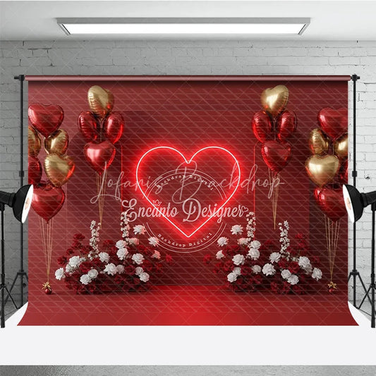 Lofaris Valentine’s Day Photography Backdrop Neon Heart Red Gold Balloon Background Love Date Photo Prop