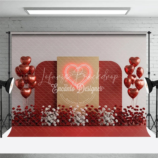 Lofaris Valentine’s Day Photography Backdrop Neon Red Heart Light Background Modern Romantic Photo Prop