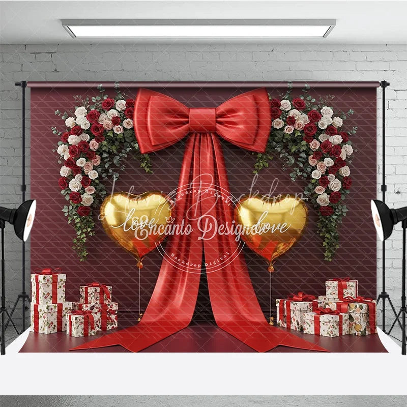 Lofaris Valentine’s Day Photography Backdrop Red Bow Gold Heart Balloon Background Luxury Gift Photo Prop