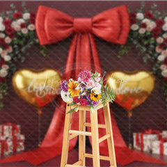 Lofaris Valentine’s Day Photography Backdrop Red Bow Gold Heart Balloon Background Luxury Gift Photo Prop