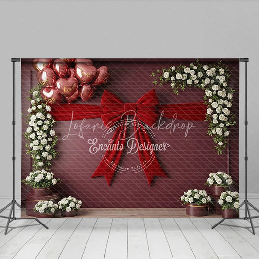 Lofaris Valentine’s Day Photography Backdrop Red Velvet Bow White Rose Background Romantic Floral Photo Prop