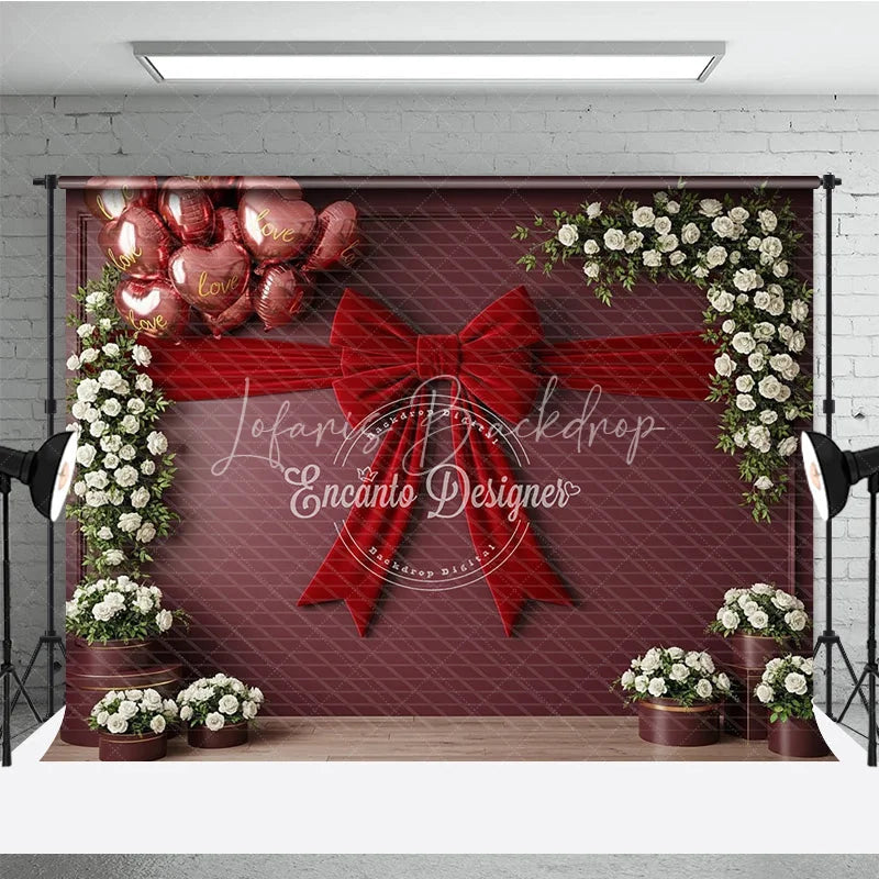 Lofaris Valentine’s Day Photography Backdrop Red Velvet Bow White Rose Background Romantic Floral Photo Prop