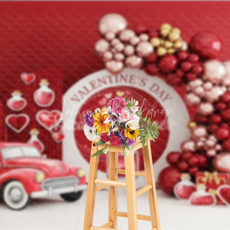 Lofaris Valentine’s Day Photography Backdrop Red Vintage Car Love Potion Background Romantic Balloon Arch Photo Prop