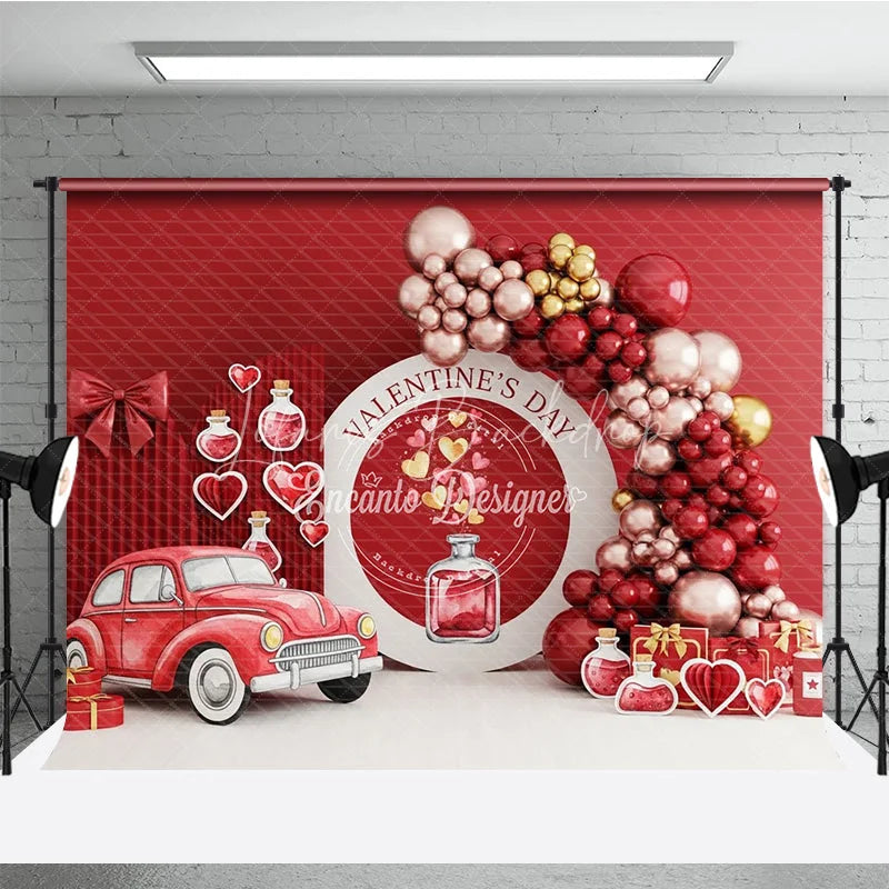 Lofaris Valentine’s Day Photography Backdrop Red Vintage Car Love Potion Background Romantic Balloon Arch Photo Prop