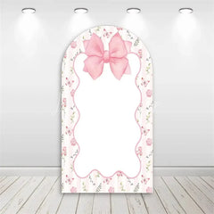 Lofaris Valentine’s Day Pink Bow Arch Backdrop Sweet Dessert Theme with Cake and Champagne Bridal Shower Decor
