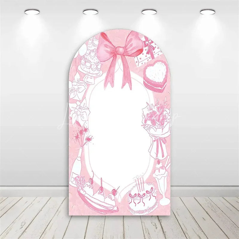 Lofaris Valentine’s Day Pink Bow Arch Backdrop Sweet Dessert Theme with Cake and Champagne Bridal Shower Decor