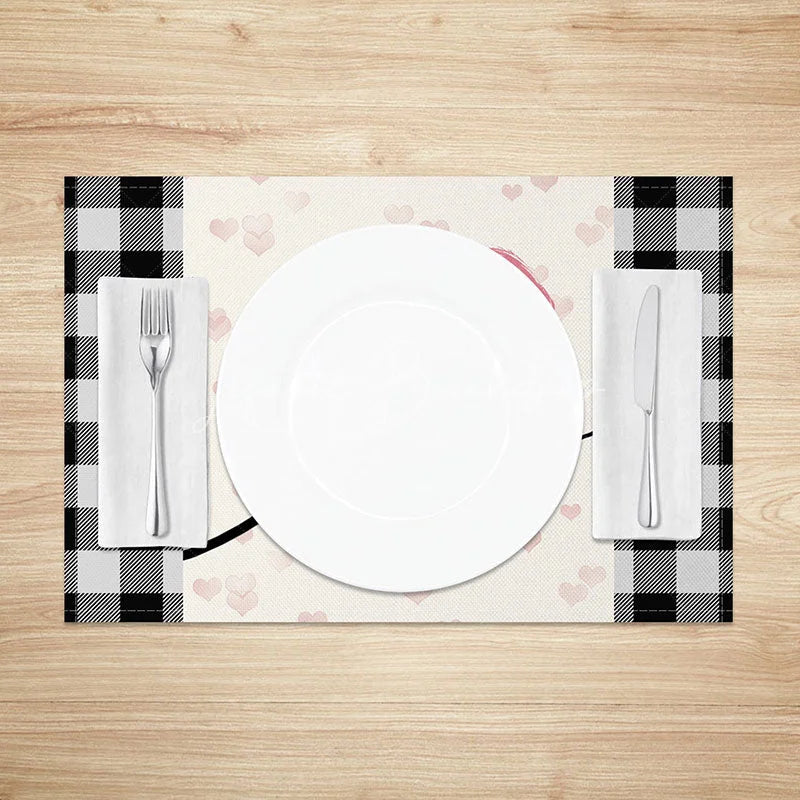 Lofaris Valentine’s Day Pink Heart and Love Set of 4 Placemats Black White Buffalo Plaid Table Decor