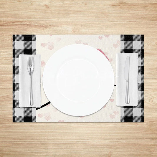 Lofaris Valentine’s Day Pink Heart and Love Set of 4 Placemats Black White Buffalo Plaid Table Decor