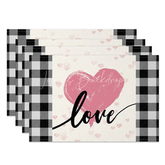 Lofaris Valentine’s Day Pink Heart and Love Set of 4 Placemats Black White Buffalo Plaid Table Decor
