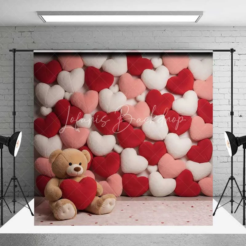 Lofaris Valentine’s Day Plush Hearts Backdrop Cute Teddy Bear Photography Background Red Pink Love Pillow Photo Prop
