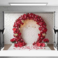 Lofaris Valentine’s Day Red Rose Arch Photography Backdrop White Brick Wall Gold Hearts Photo Background Floral Wedding Prop