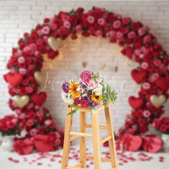 Lofaris Valentine’s Day Red Rose Arch Photography Backdrop White Brick Wall Gold Hearts Photo Background Floral Wedding Prop