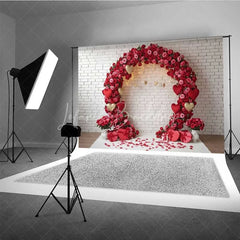 Lofaris Valentine’s Day Red Rose Arch Photography Backdrop White Brick Wall Gold Hearts Photo Background Floral Wedding Prop