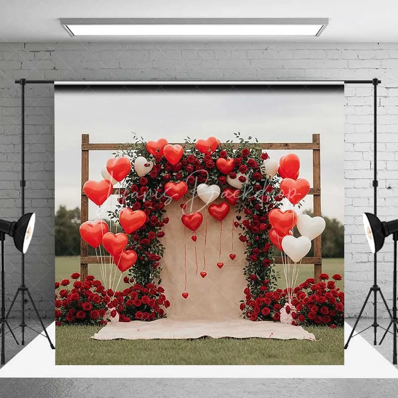 Lofaris Valentine’s Day Red Roses Backdrop Heart Balloons Wooden Arch Photography Background Romantic Love Photo Prop