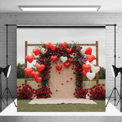 Lofaris Valentine’s Day Red Roses Backdrop Heart Balloons Wooden Arch Photography Background Romantic Love Photo Prop