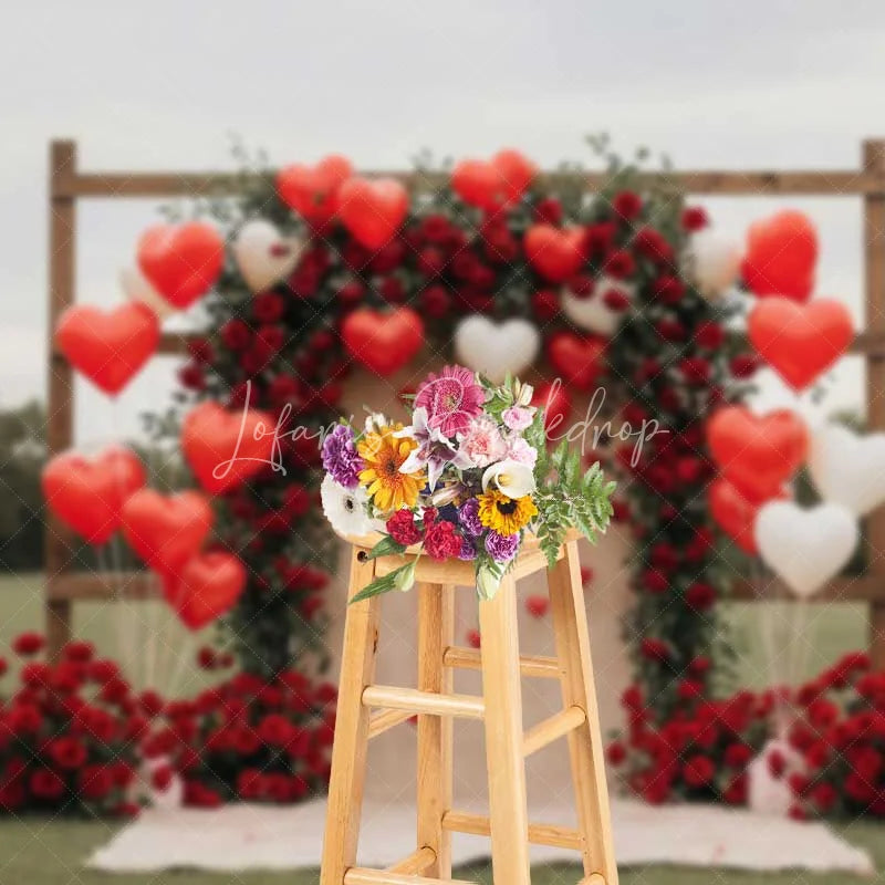 Lofaris Valentine’s Day Red Roses Backdrop Heart Balloons Wooden Arch Photography Background Romantic Love Photo Prop