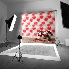 Lofaris Valentine’s Day Red White Roses Photography Backdrop Blurred Heart Pattern Wooden Floor Photo Prop Romantic Floral Decor