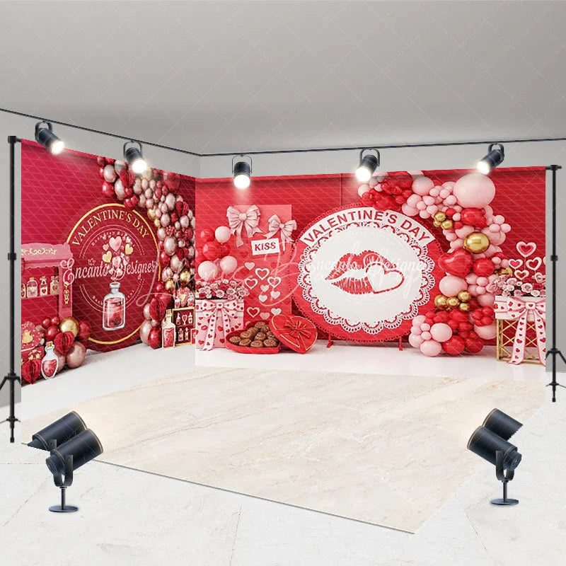 Lofaris Valentine’s Day Room Set Backdrop Red Balloon Arch Kiss Photography Background Romantic Gift Box Photo Prop