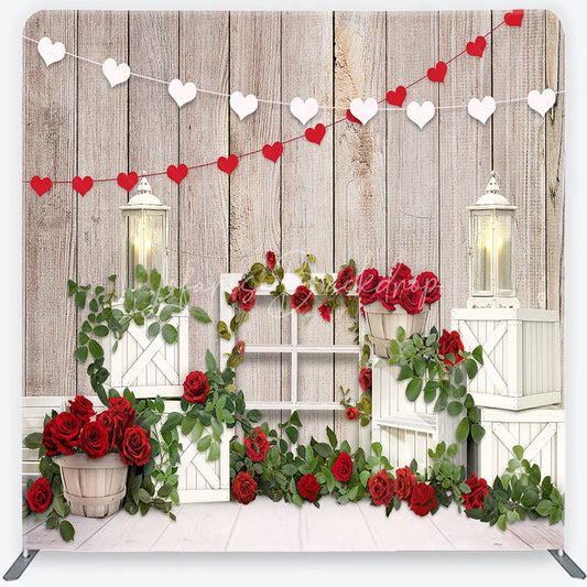 Lofaris Valentine’s Day Tension Fabric Backdrop Rustic Wood and Red Roses Wedding Party Decor