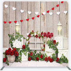 Lofaris Valentine’s Day Tension Fabric Backdrop Rustic Wood and Red Roses Wedding Party Decor
