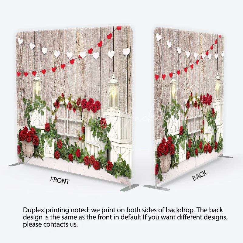 Lofaris Valentine’s Day Tension Fabric Backdrop Rustic Wood and Red Roses Wedding Party Decor