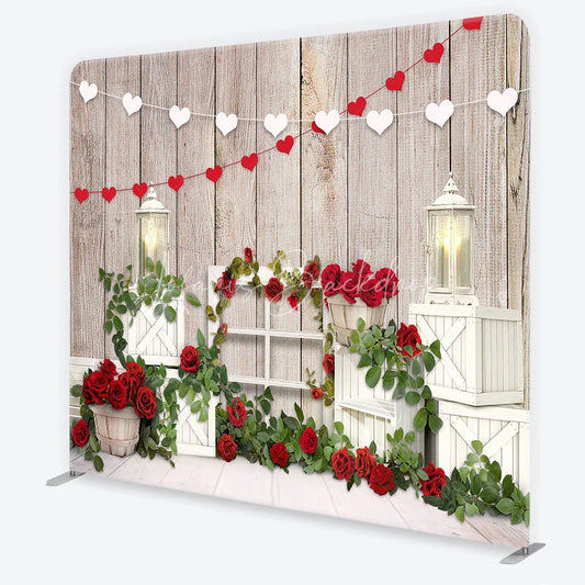 Lofaris Valentine’s Day Tension Fabric Backdrop Rustic Wood and Red Roses Wedding Party Decor