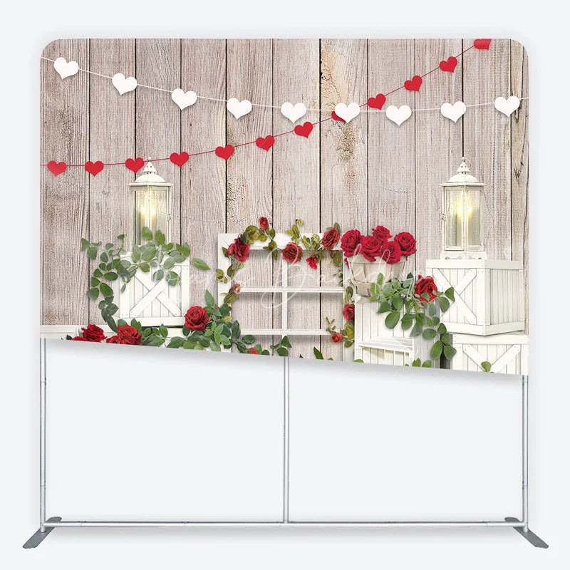 Lofaris Valentine’s Day Tension Fabric Backdrop Rustic Wood and Red Roses Wedding Party Decor