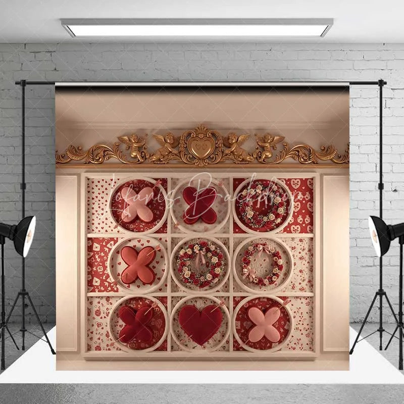 Lofaris Valentine’s Day Tic Tac Toe Photography Backdrop Romantic Love Game Floral Wreath Photo Prop Gold Cherub Decor
