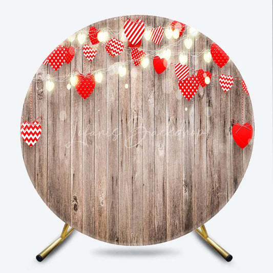 Lofaris Valentines Day Wood Heart Round Backdrop Rustic Wooden Plank with Lights Photography Background