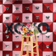 Lofaris Valentine’s Day XOXO Photography Backdrop Red Pink Geometric Tiles Silver Hearts Photo Prop Modern Love Decor