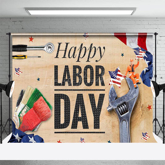 Lofaris Various Tools Wood Grain Happy Labor Day Backdrop