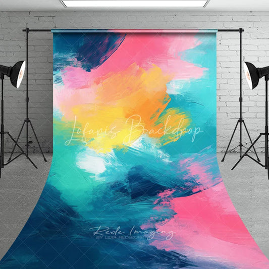 Lofaris Vibrant Abstract Brushstroke Sweep Backdrop Colorful Pink Yellow Teal Blue Modern Art Design for Photo Shoots