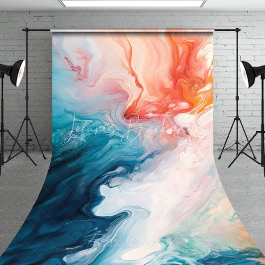 Lofaris Vibrant Abstract Fluid Art Sweep Backdrop with Teal Orange and White Swirls Dynamic Artistic Photography Decor