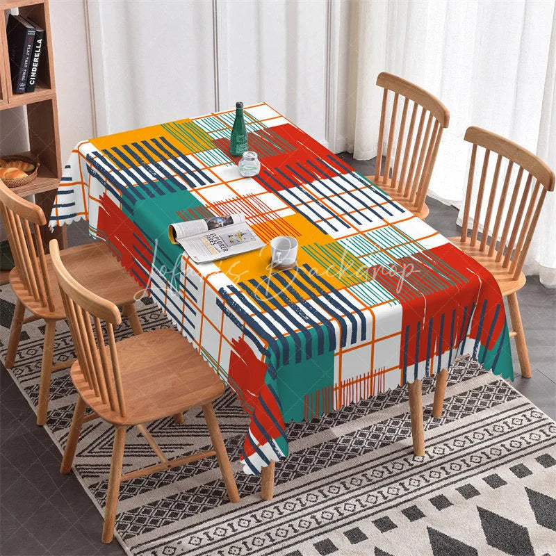 Lofaris Vibrant Abstract Geometric Pattern Rectangle Tablecloth with Grid Lines Modern Artistic Party Decor