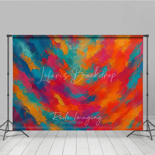 Lofaris Vibrant Abstract Photography Backdrop with Textured Brushstrokes Featuring Red Orange Blue and Gold Colors
