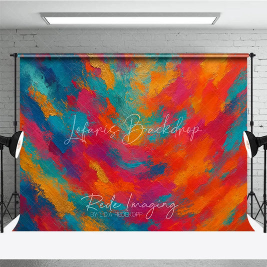 Lofaris Vibrant Abstract Photography Backdrop with Textured Brushstrokes Featuring Red Orange Blue and Gold Colors