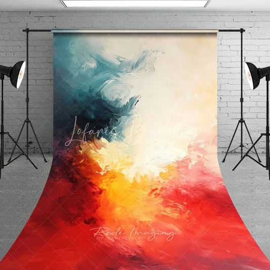 Lofaris Vibrant Abstract Textured Sweep Backdrop with Teal Yellow Orange and Red Painterly Strokes Modern Artistic Design