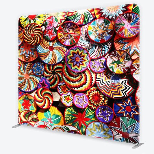 Lofaris Vibrant and Colorful Woven Ethnic Patterns Square Double-Sided Backdrop featuring Geometric Spirals Stars
