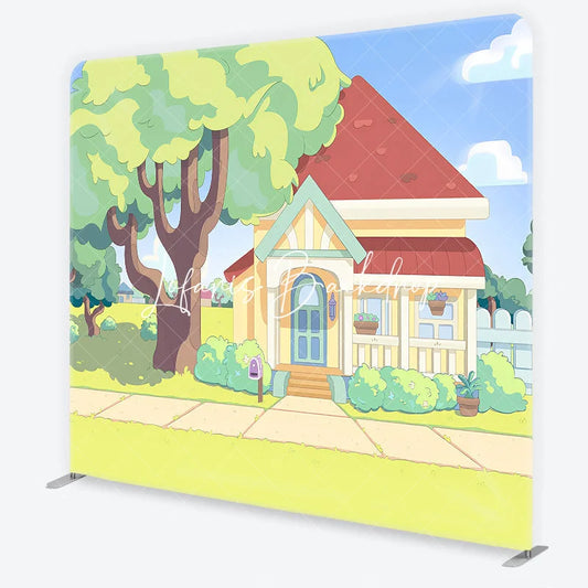 Lofaris Vibrant Animated Cartoon House and Green Front Yard Square Double-Sided Backdrop Kids Birthday Party Decor