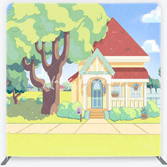Lofaris Vibrant Animated Cartoon House and Green Front Yard Square Double-Sided Backdrop Kids Birthday Party Decor