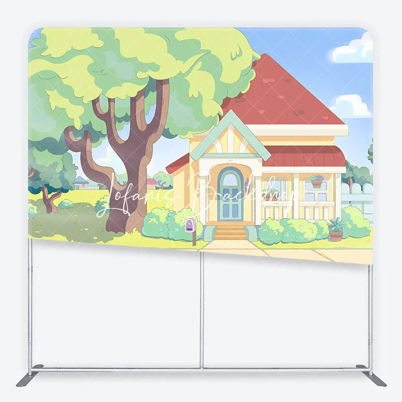 Lofaris Vibrant Animated Cartoon House and Green Front Yard Square Double-Sided Backdrop Kids Birthday Party Decor