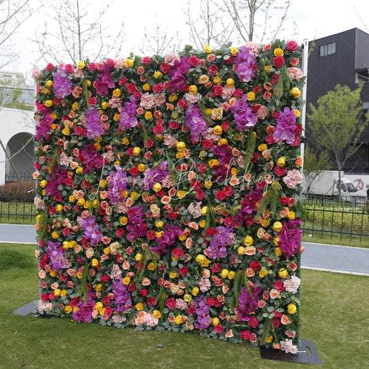 Lofaris Vibrant Artificial Flower Wall with Purple Orchids and Mixed Roses Lush Greenery Event Decor