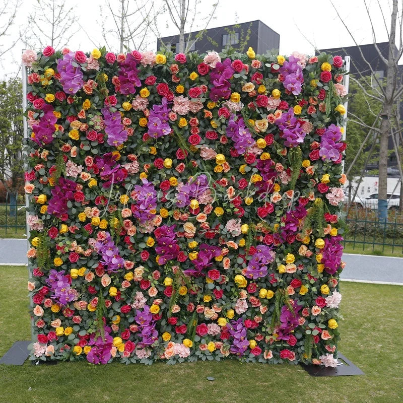 Lofaris Vibrant Artificial Flower Wall with Purple Orchids and Mixed Roses Lush Greenery Event Decor
